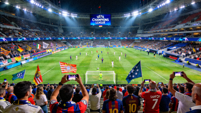 欧冠联赛直播画面，球场全景与球迷