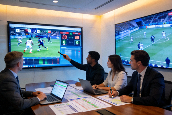球探团队正在分析体育赛事数据，会议室大屏幕显示比赛画面